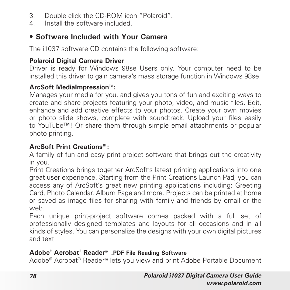 Software included with your camera | Polaroid i1037 User Manual | Page 78 / 93