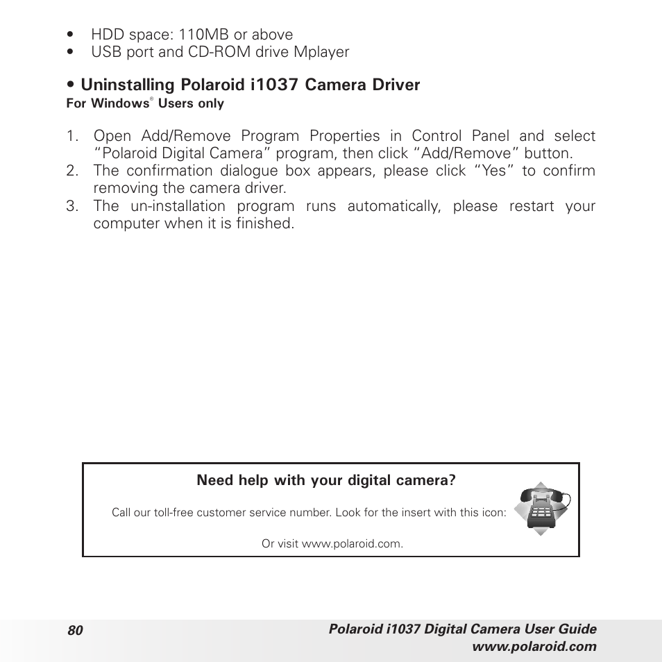 Uninstalling polaroid i1037 camera driver | Polaroid i1037 User Manual | Page 80 / 93