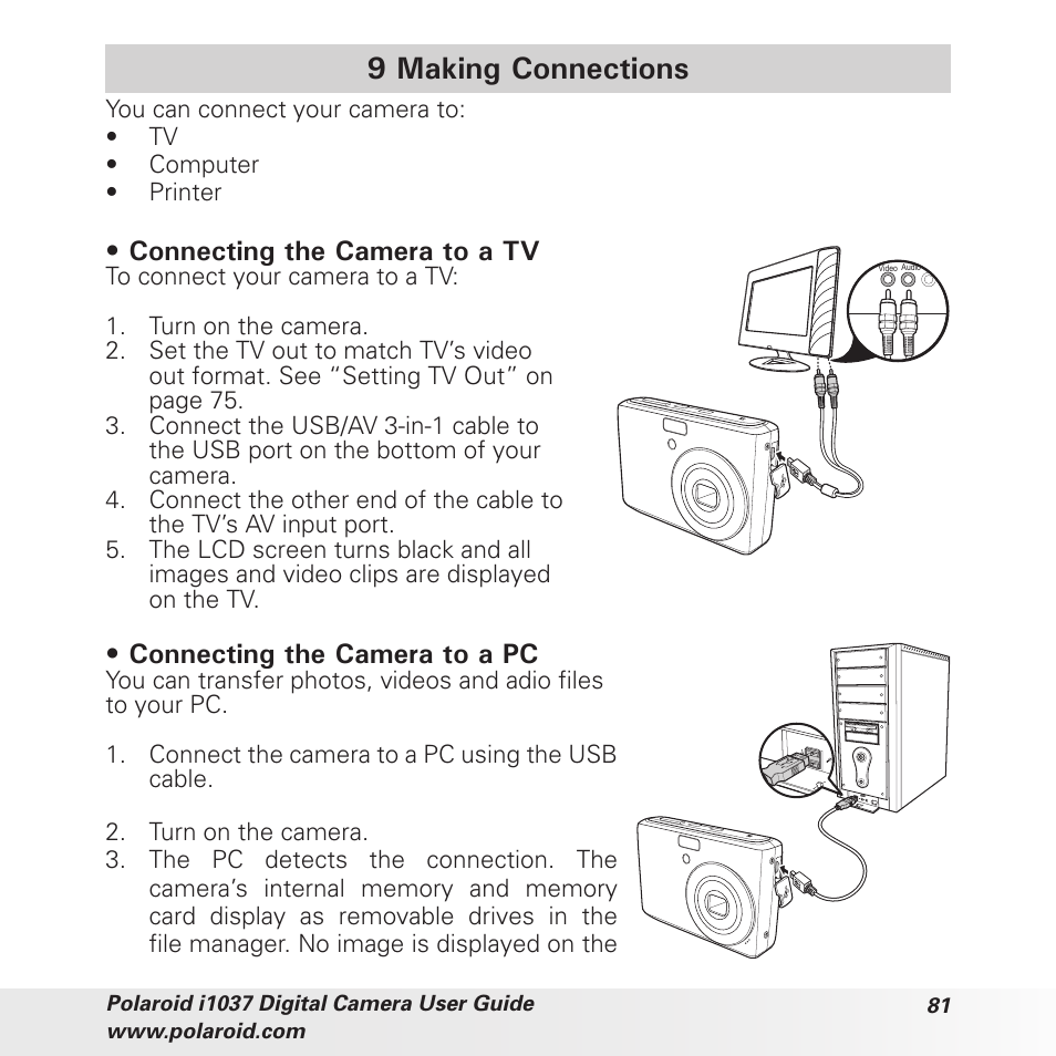 9 making connections, Connecting the camera to a tv, Connecting the camera to a pc | Polaroid i1037 User Manual | Page 81 / 93