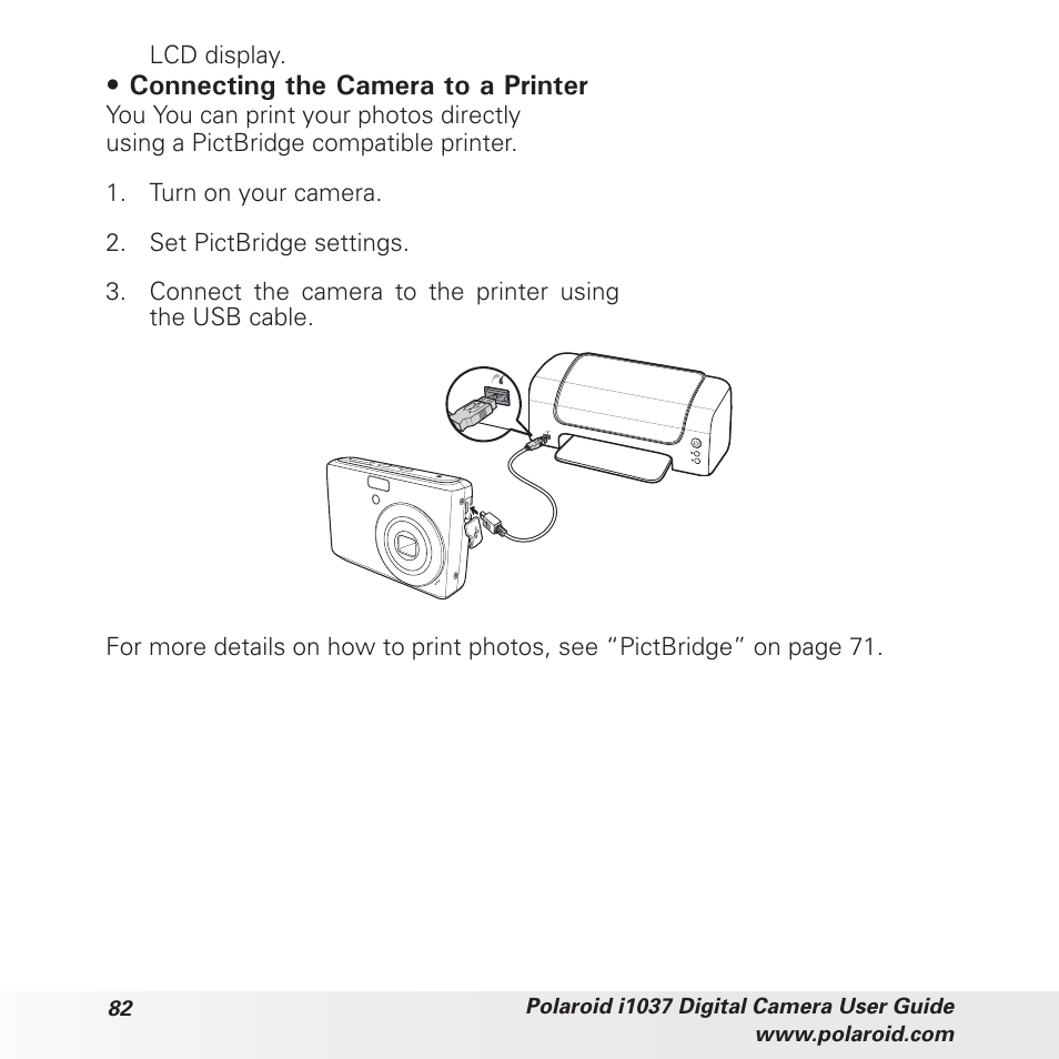 Connecting the camera to a printer | Polaroid i1037 User Manual | Page 82 / 93