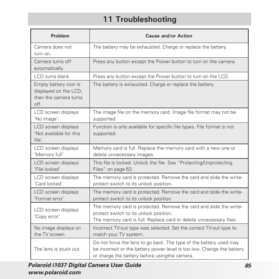11 troubleshooting | Polaroid i1037 User Manual | Page 85 / 93