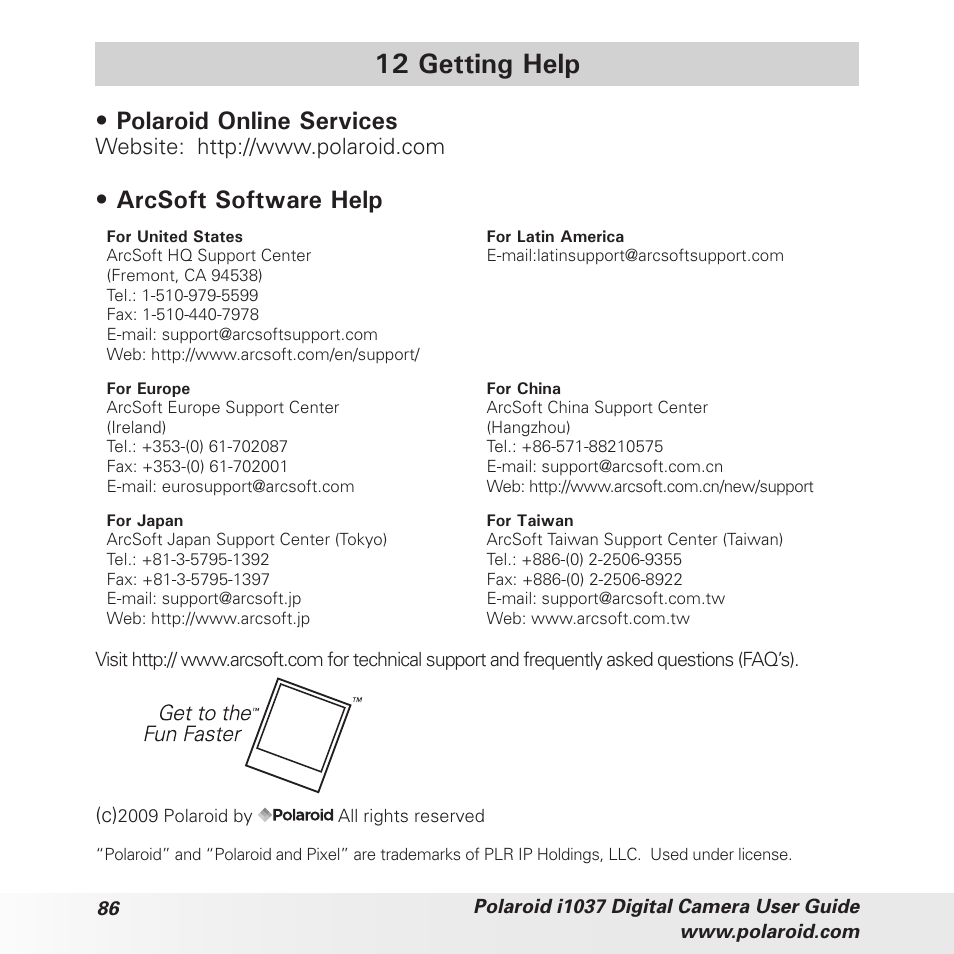 12 getting help, Polaroid online services, Arcsoft software help | Polaroid i1037 User Manual | Page 86 / 93