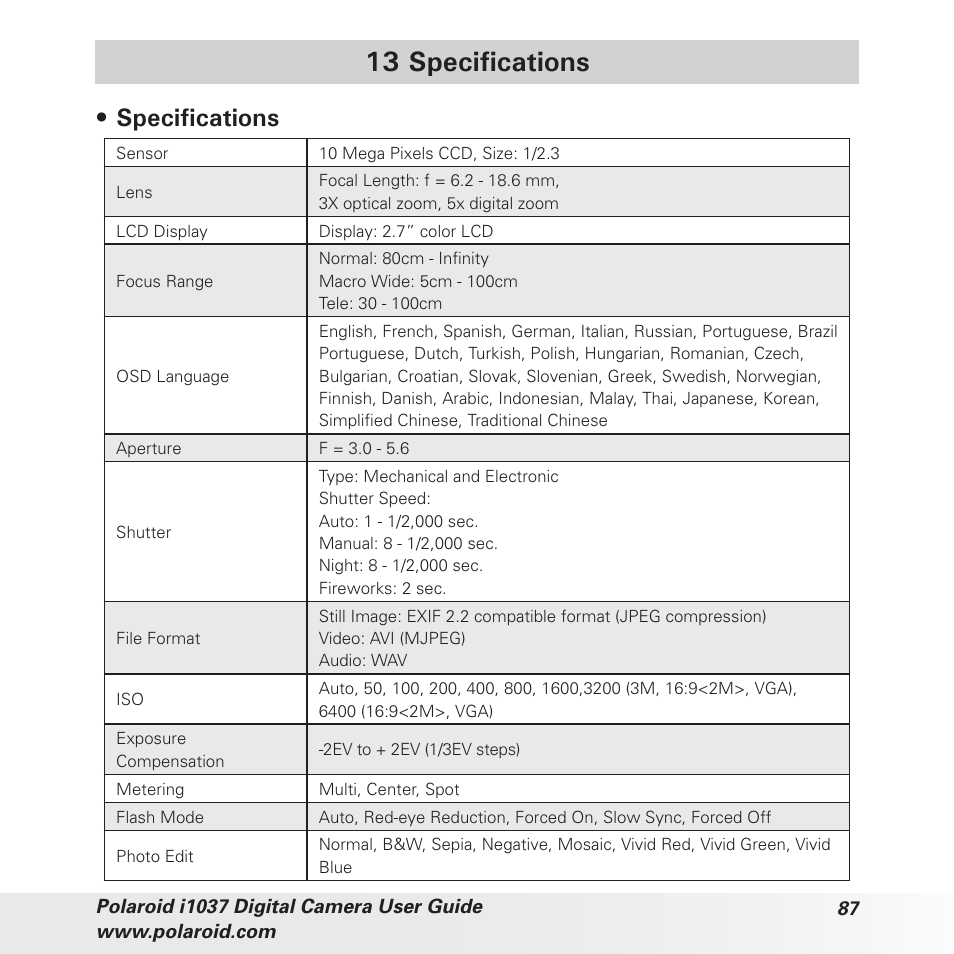13 specifications, Specifications | Polaroid i1037 User Manual | Page 87 / 93