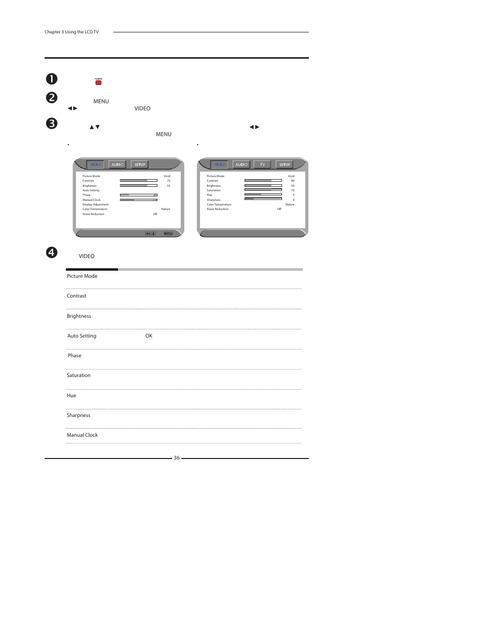 Customizing the video settings | Polaroid FLU-2632D User Manual | Page 36 / 46