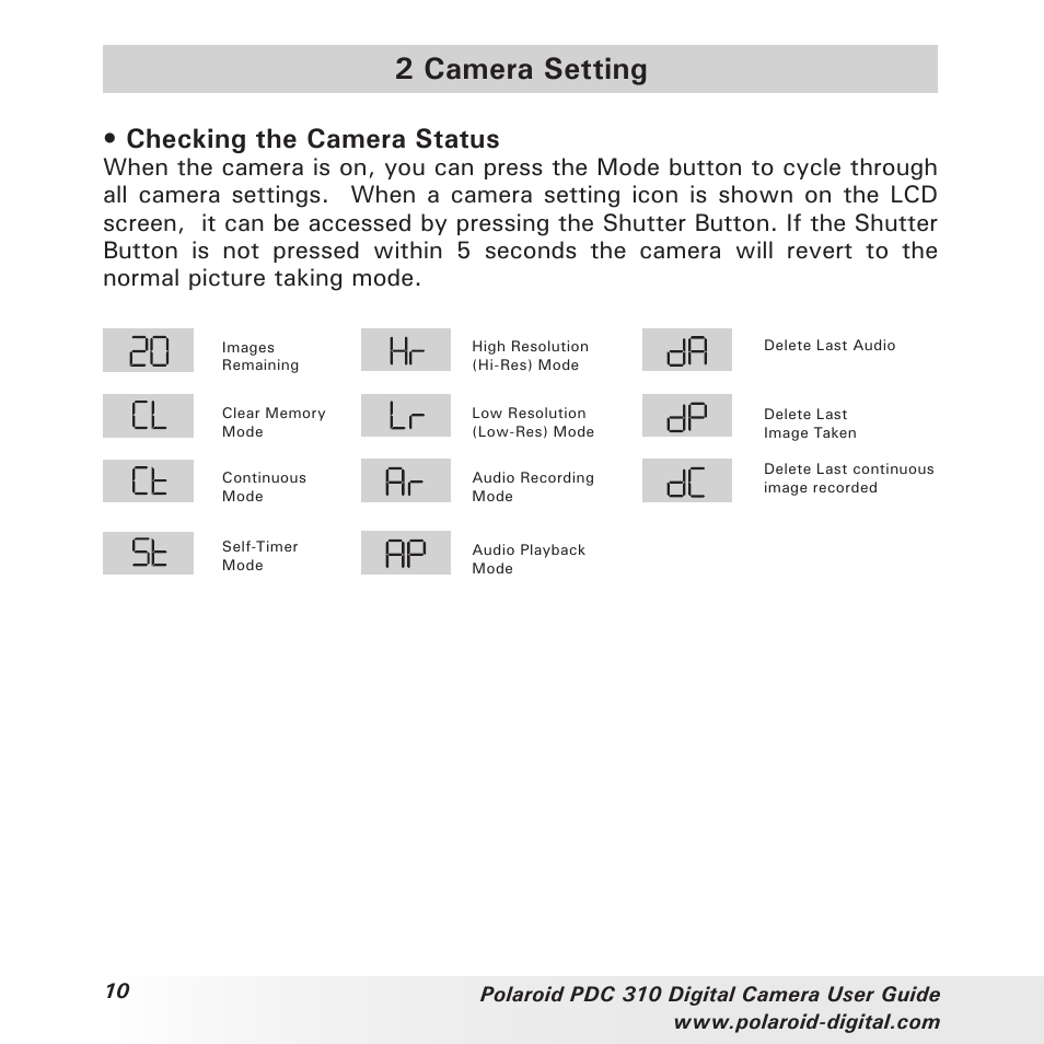 2 camera setting, Checking the camera status | Polaroid PDC 310 User Manual | Page 10 / 36