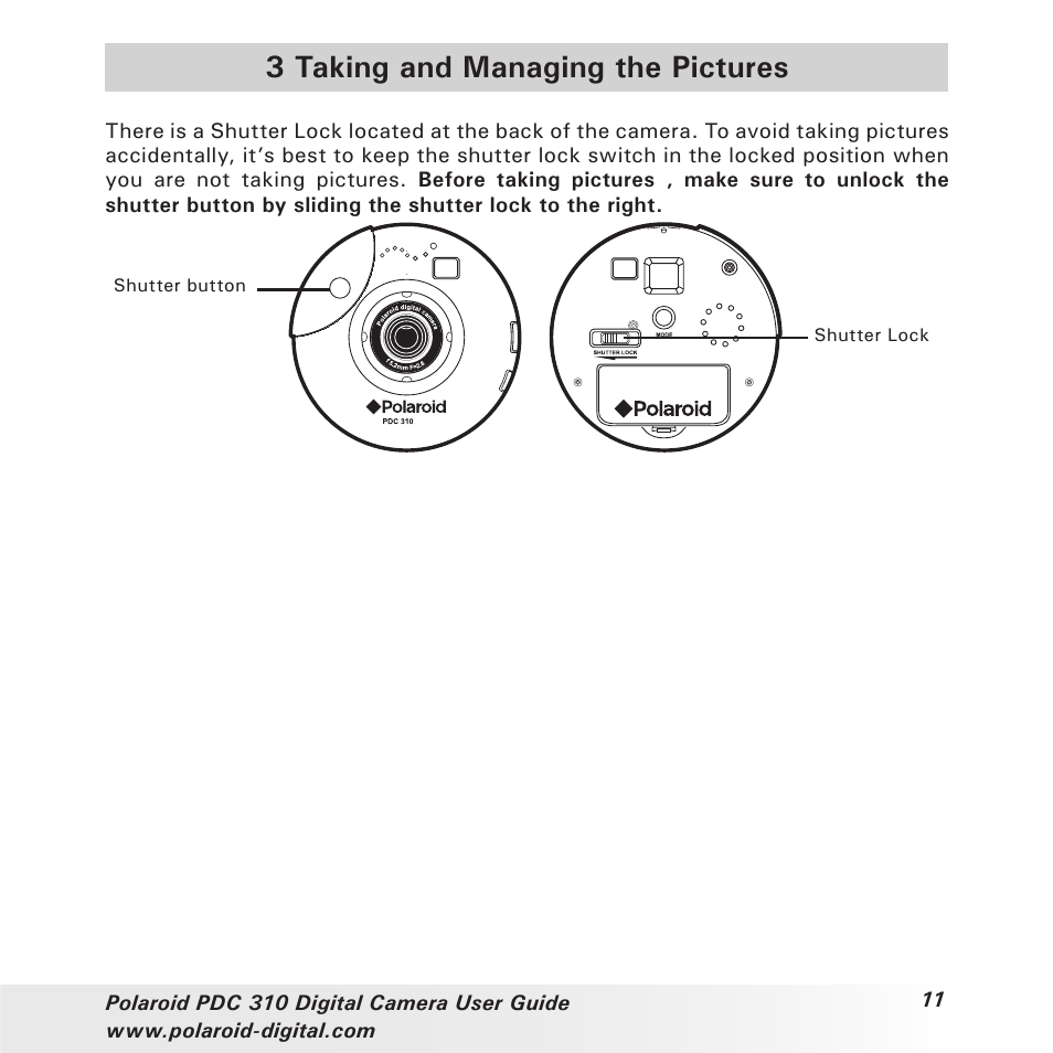 3 taking and managing the pictures | Polaroid PDC 310 User Manual | Page 11 / 36