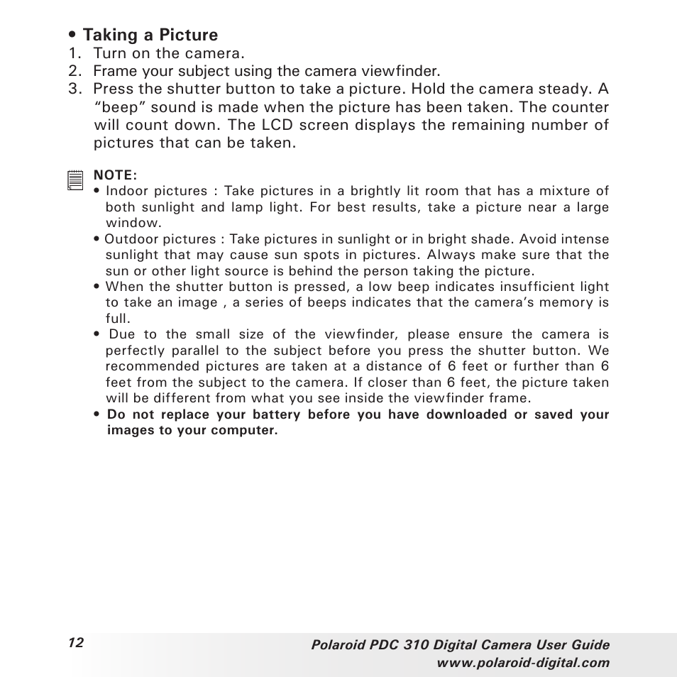 Taking a picture | Polaroid PDC 310 User Manual | Page 12 / 36