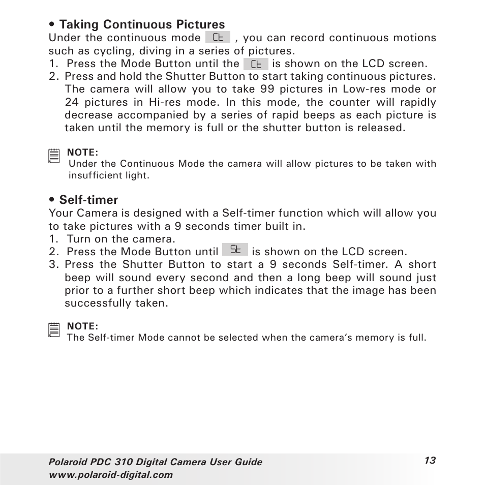 Taking continuous pictures, Self-timer | Polaroid PDC 310 User Manual | Page 13 / 36