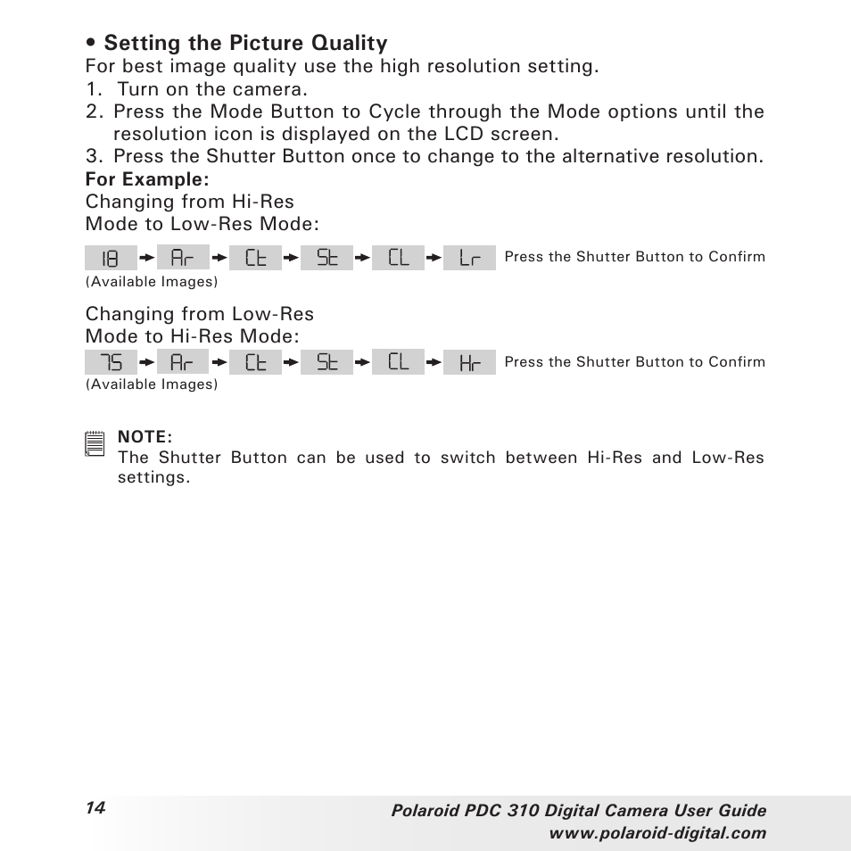 Setting the picture quality | Polaroid PDC 310 User Manual | Page 14 / 36