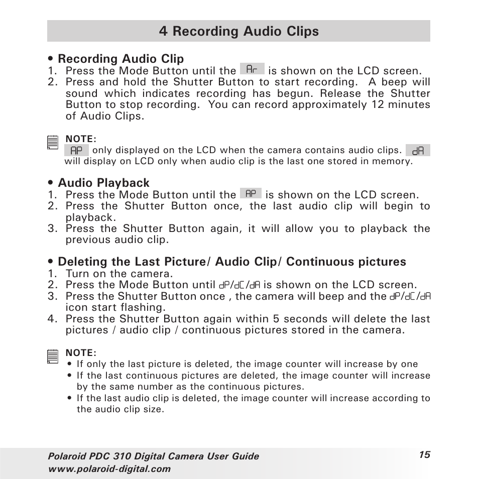 4 recording audio clips, Recording audio clip, Audio playback | Polaroid PDC 310 User Manual | Page 15 / 36