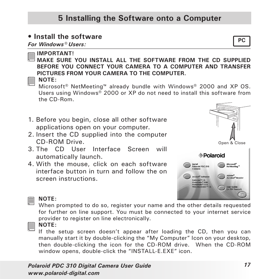 5 installing the software onto a computer, Install the software | Polaroid PDC 310 User Manual | Page 17 / 36