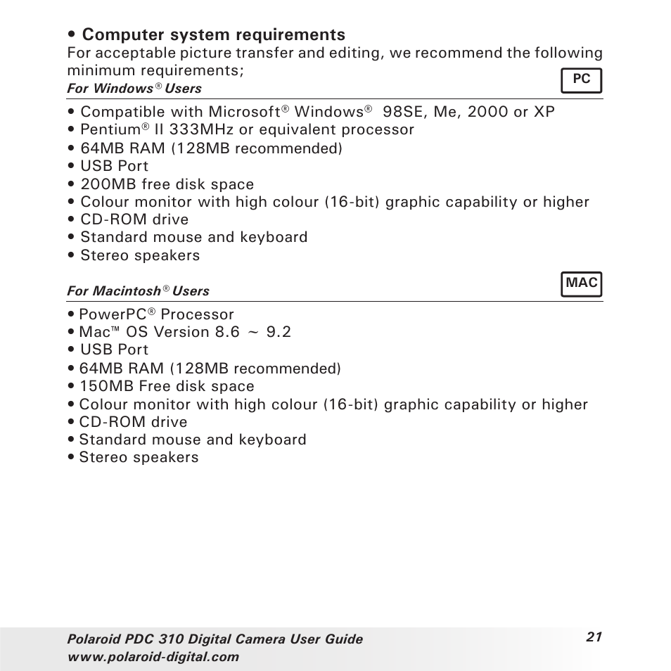 Computer system requirements | Polaroid PDC 310 User Manual | Page 21 / 36
