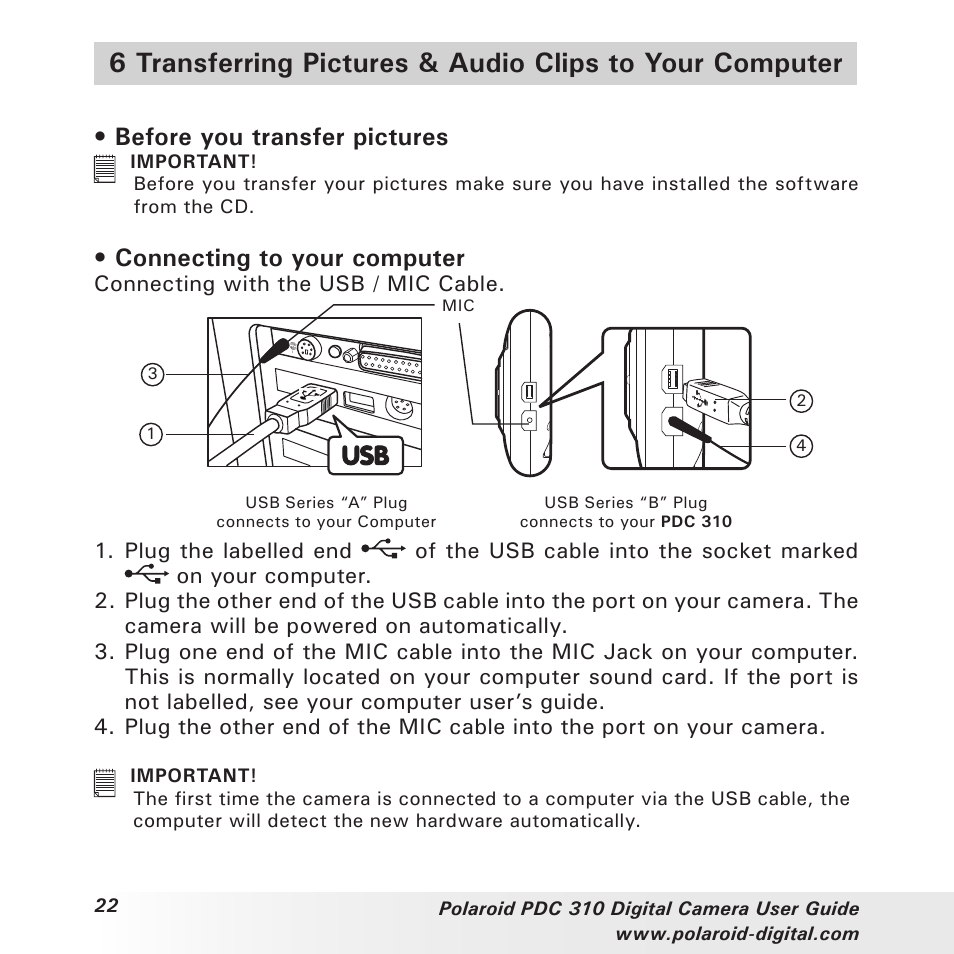 Before you transfer pictures, Connecting to your computer | Polaroid PDC 310 User Manual | Page 22 / 36