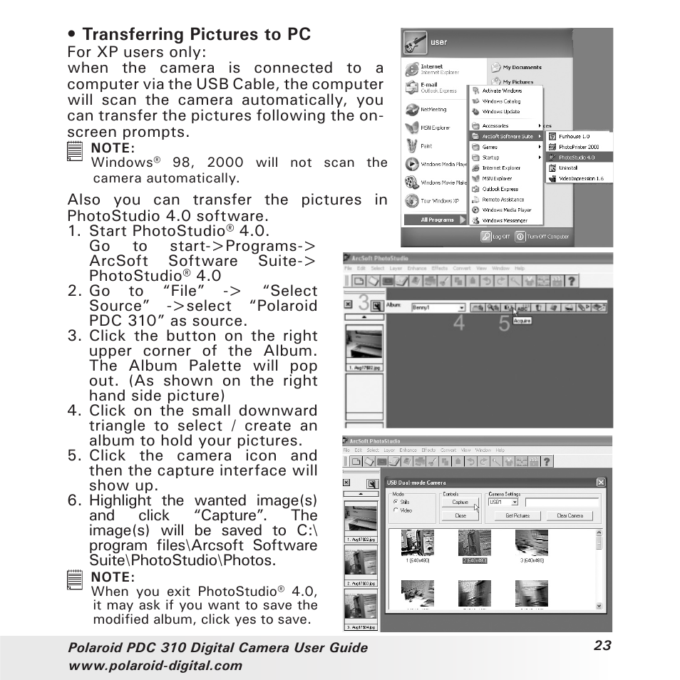 Transferring pictures to pc | Polaroid PDC 310 User Manual | Page 23 / 36