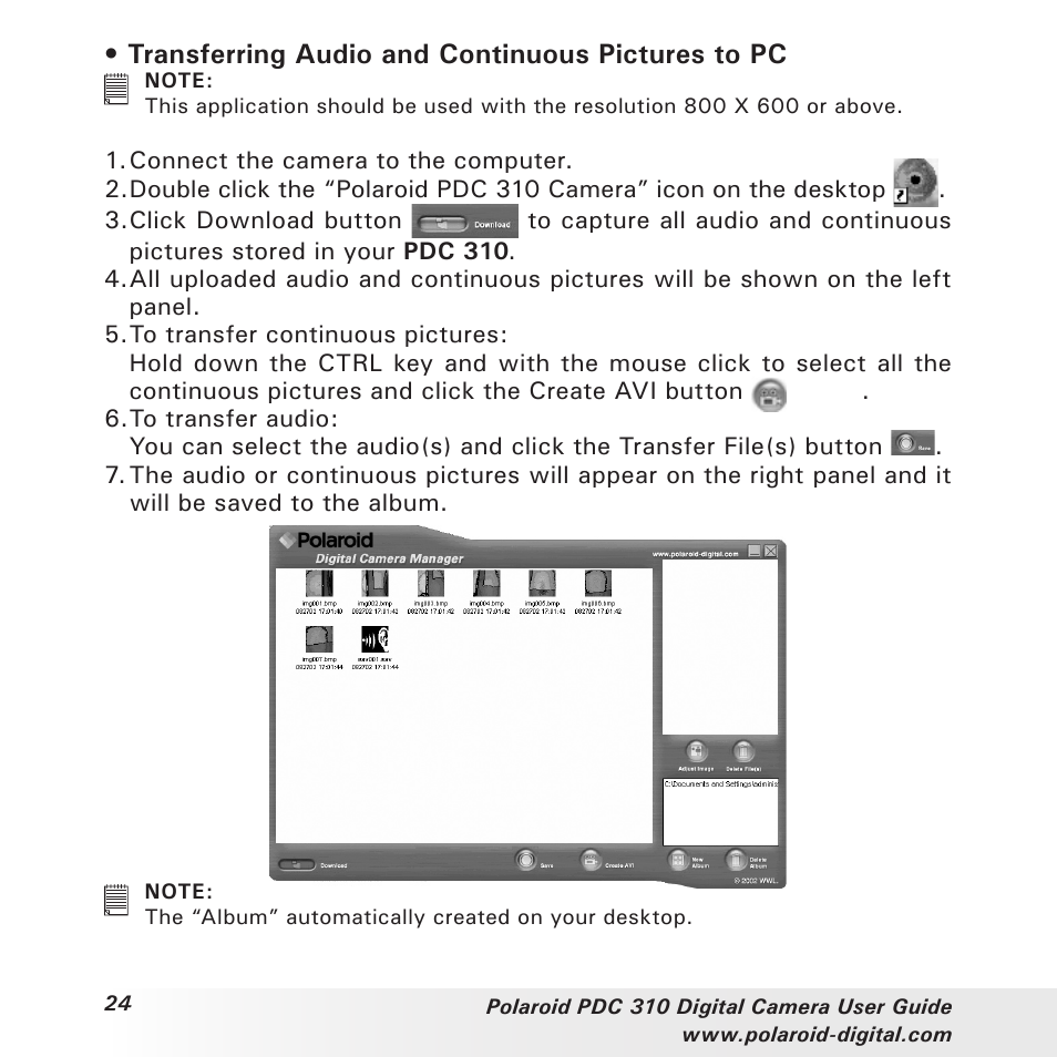 Transferring audio and continuous pictures to pc | Polaroid PDC 310 User Manual | Page 24 / 36