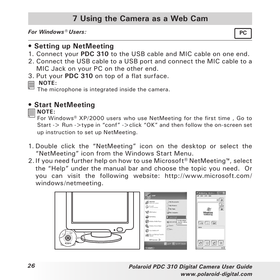 7 using the camera as a web cam, Setting up netmeeting, Start netmeeting | Polaroid PDC 310 User Manual | Page 26 / 36