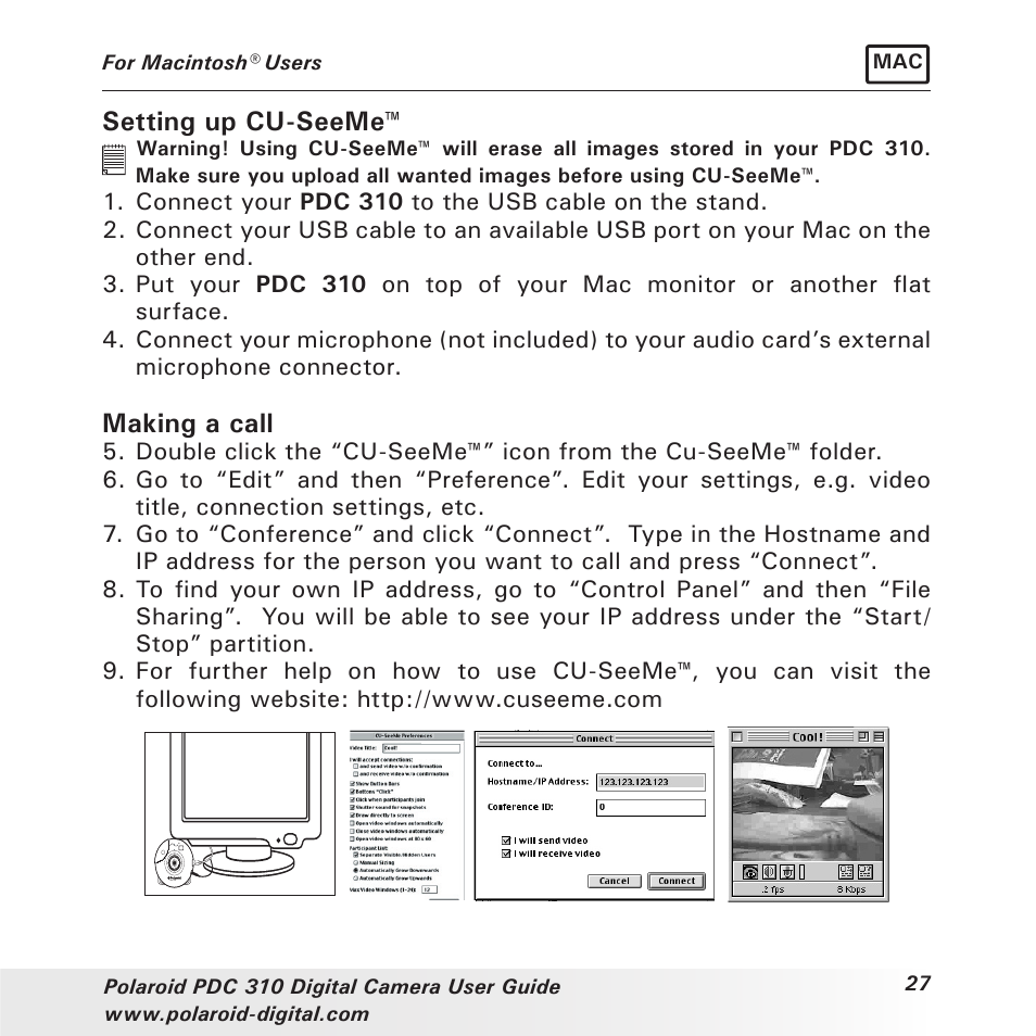 Setting up cu-seeme, Making a call | Polaroid PDC 310 User Manual | Page 27 / 36