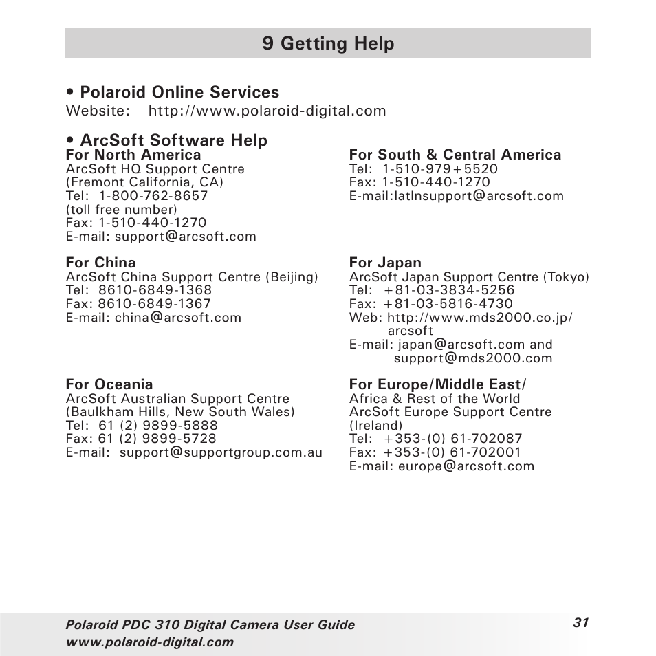 9 getting help, Polaroid online services, Arcsoft software help | Polaroid PDC 310 User Manual | Page 31 / 36