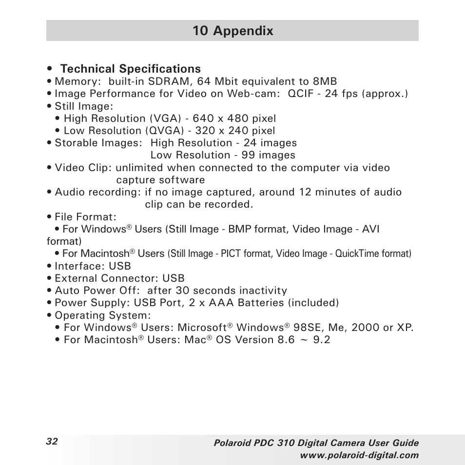 10 appendix | Polaroid PDC 310 User Manual | Page 32 / 36