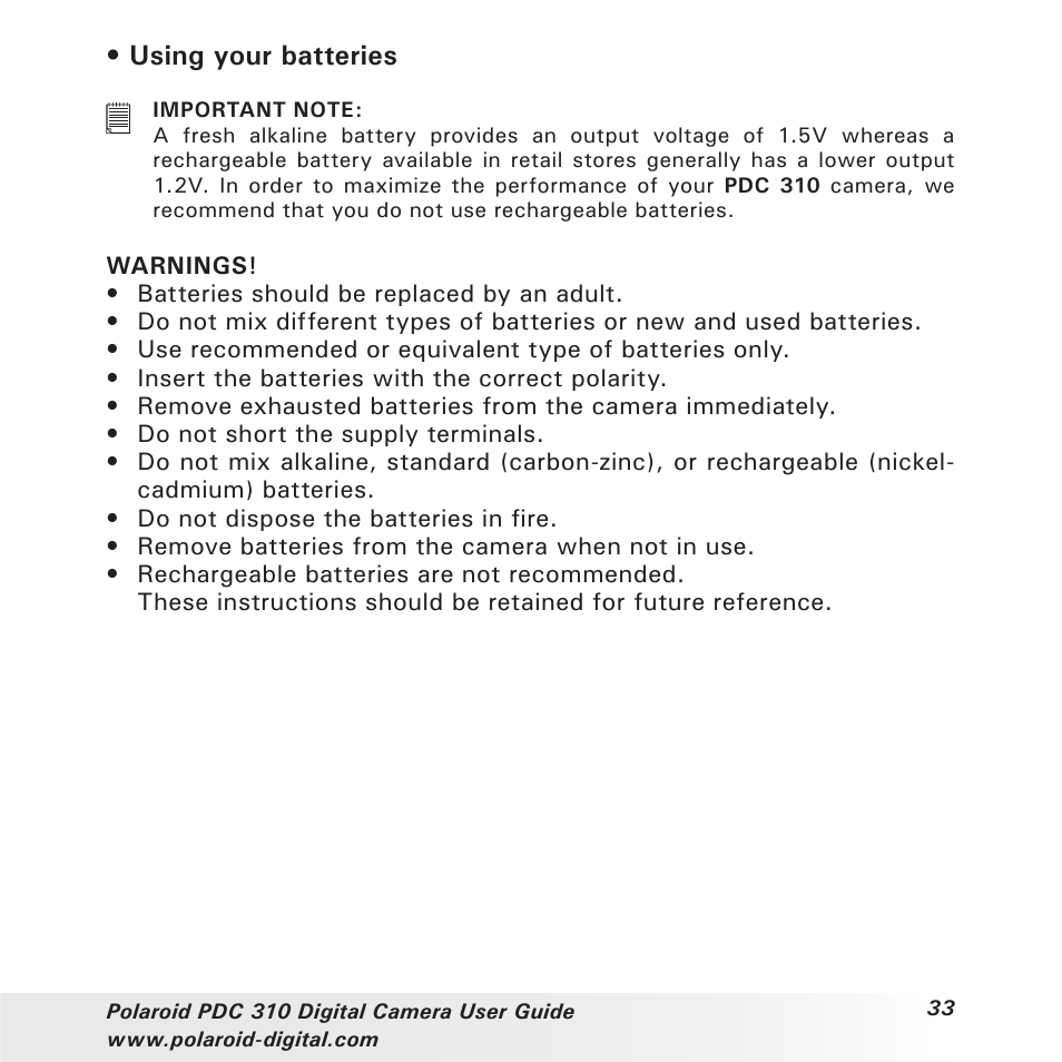 Using your batteries | Polaroid PDC 310 User Manual | Page 33 / 36