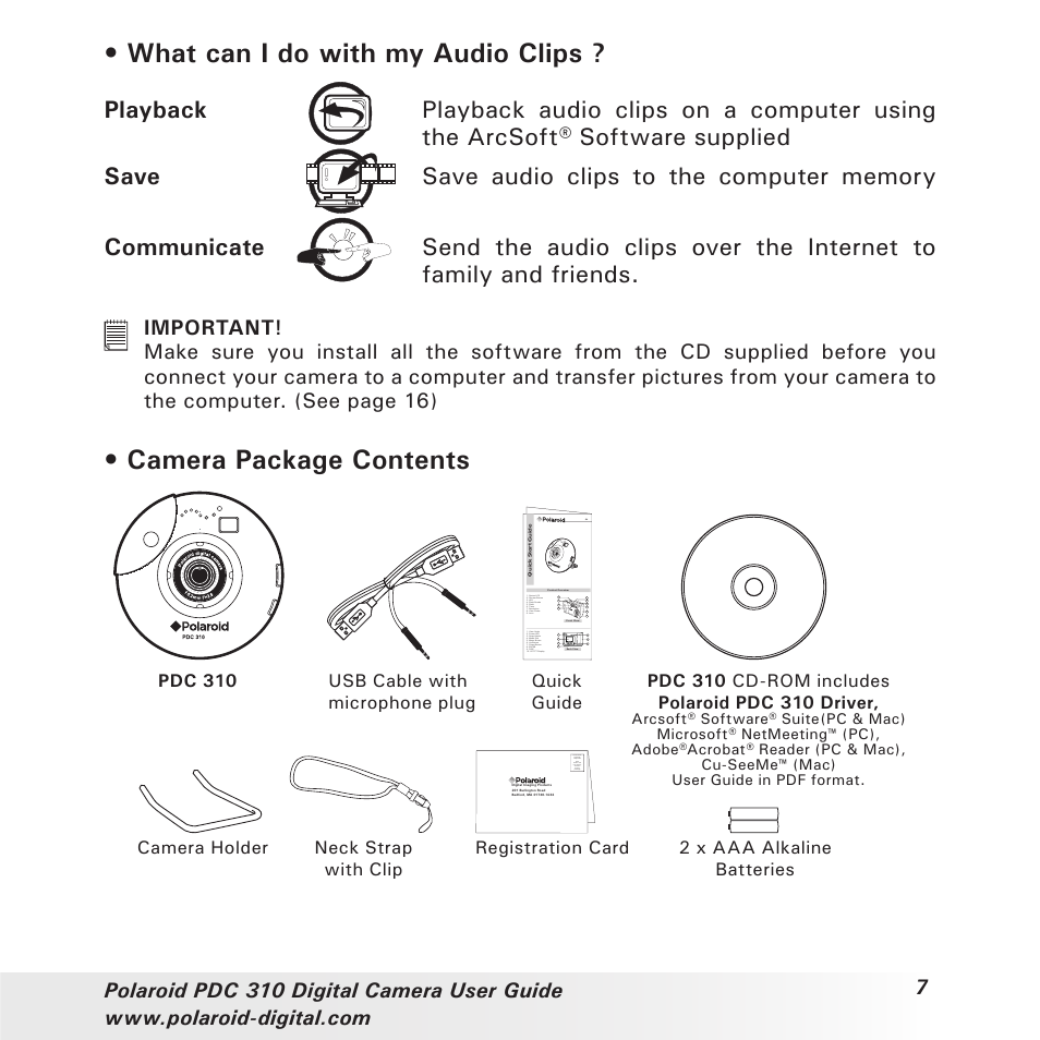 What can i do with my audio clips, Camera package contents | Polaroid PDC 310 User Manual | Page 7 / 36