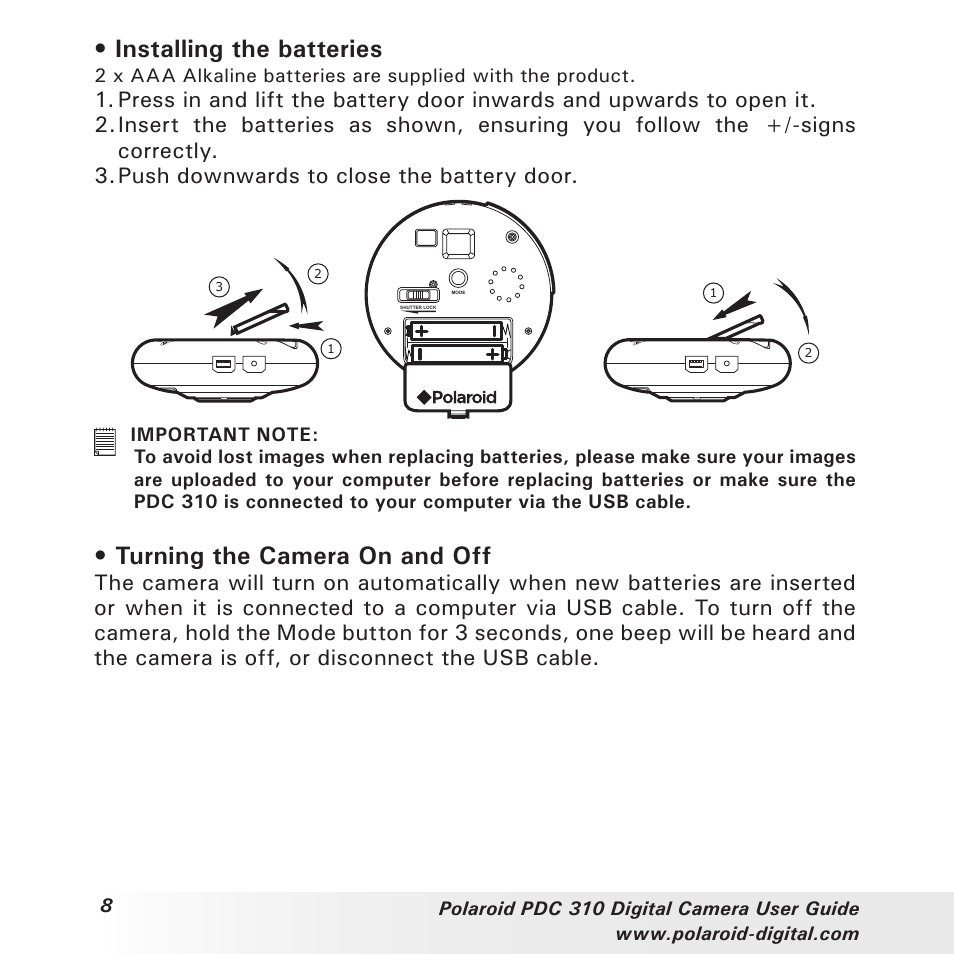 Installing the batteries, Turning the camera on and off | Polaroid PDC 310 User Manual | Page 8 / 36