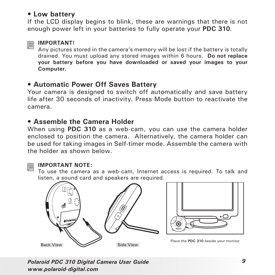 Low battery, Automatic power off saves battery, Assemble the camera holder | Polaroid PDC 310 User Manual | Page 9 / 36