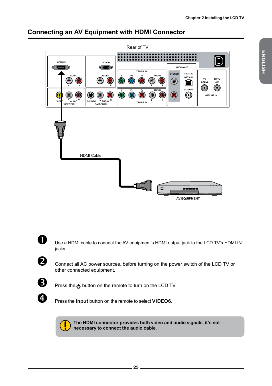 Connecting an av equipment with hdmi connector | Polaroid FLM-2632 User Manual | Page 24 / 59