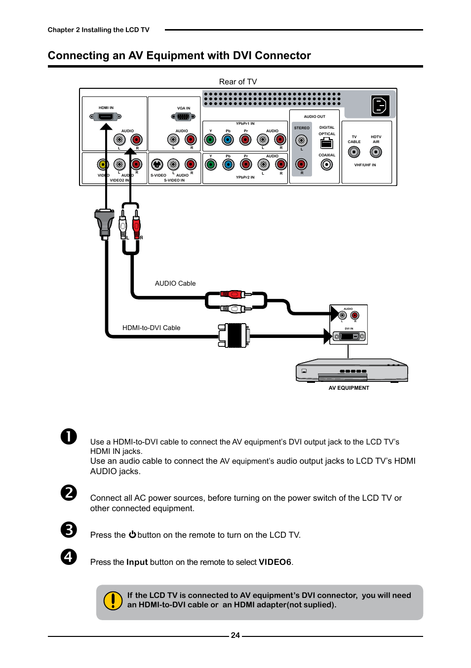 Connecting an av equipment with dvi connector, Use an audio cable to connect the, Audio output jacks to lcd tv’s hdmi audio jacks | Polaroid FLM-2632 User Manual | Page 25 / 59