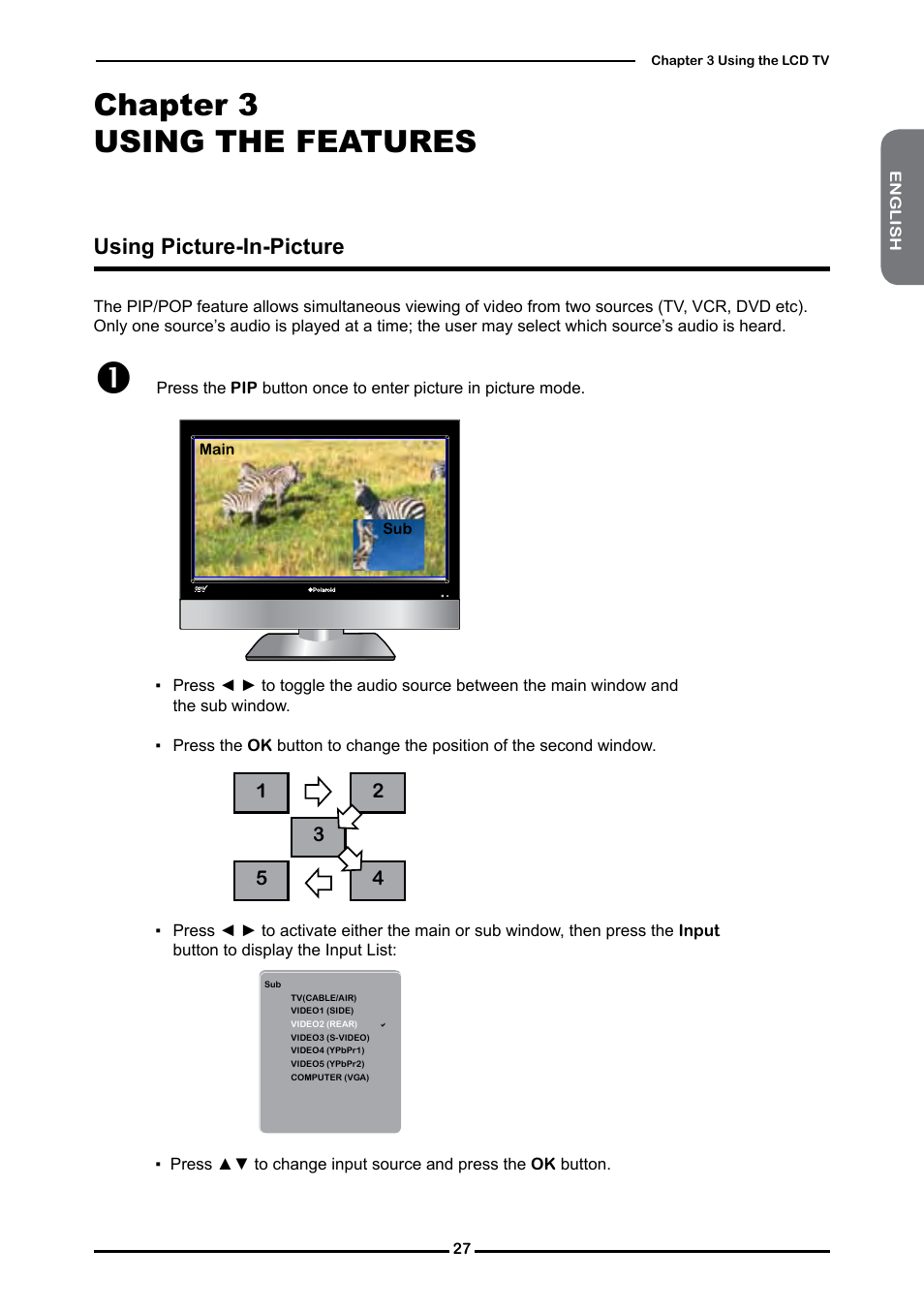 Using the features, Chapter 3 using the features, Using picture-in-picture | Polaroid FLM-2632 User Manual | Page 28 / 59