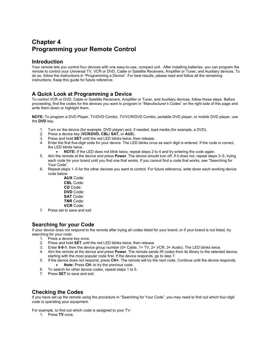 Programming your remote control, Chapter 4 programming your remote control, Introduction | A quick look at programming a device, Searching for your code, Checking the codes | Polaroid FLM-2632 User Manual | Page 46 / 59