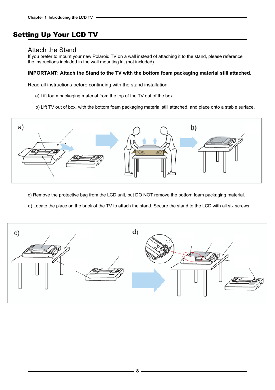 Setting up your lcd tv, Attach the stand, Unit | Polaroid FLM-2632 User Manual | Page 9 / 59