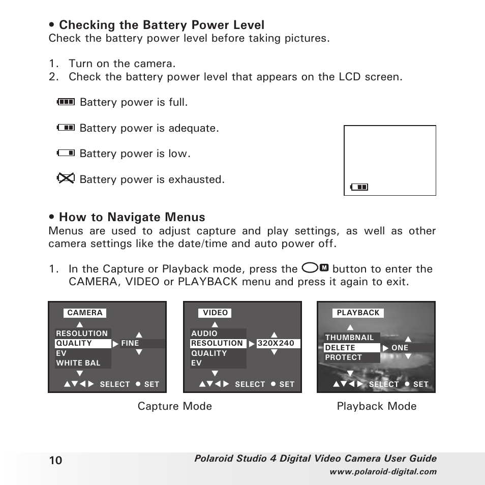 Checking the battery power level, How to navigate menus | Polaroid Studio 4 User Manual | Page 10 / 78