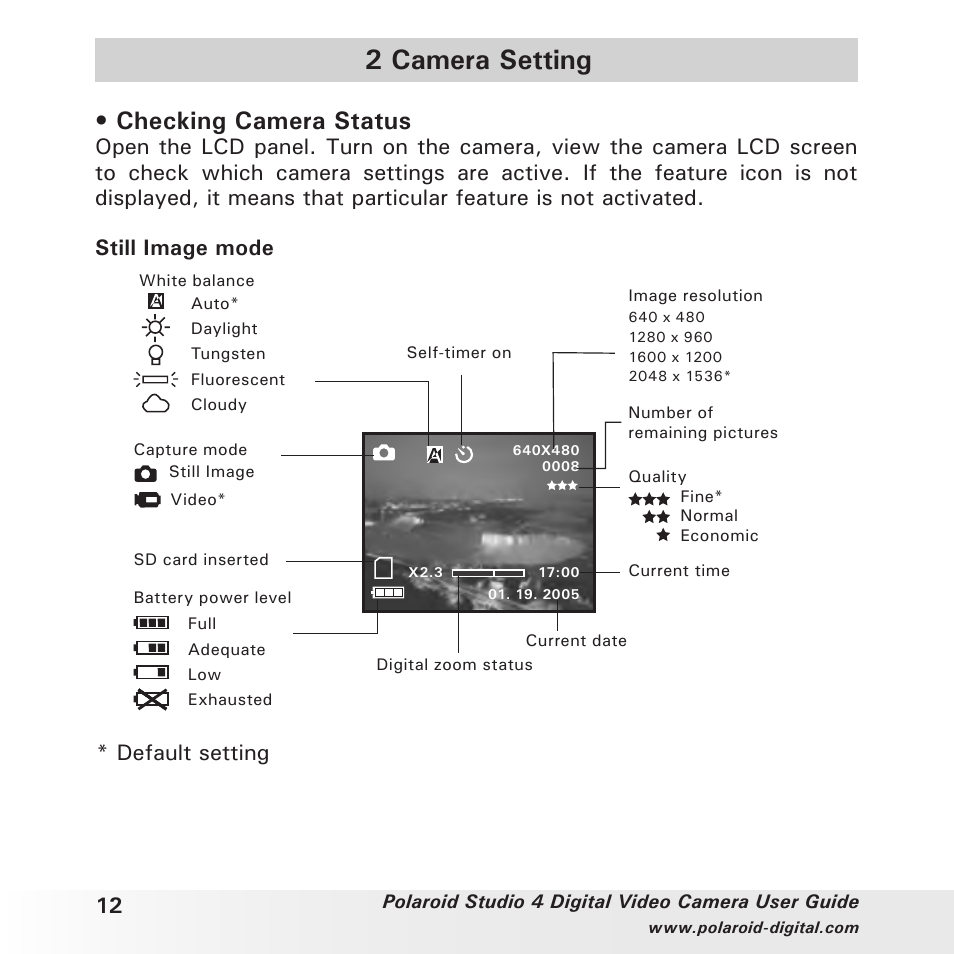 2 camera setting, Checking camera status, Default setting | Polaroid Studio 4 User Manual | Page 12 / 78