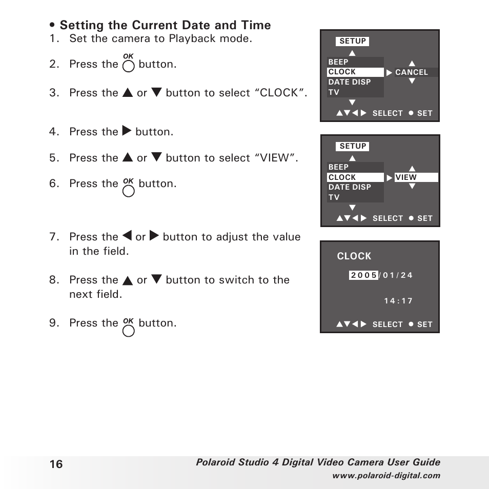 Setting the current date and time | Polaroid Studio 4 User Manual | Page 16 / 78