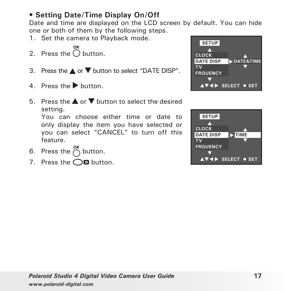 Setting date/time display on/off | Polaroid Studio 4 User Manual | Page 17 / 78