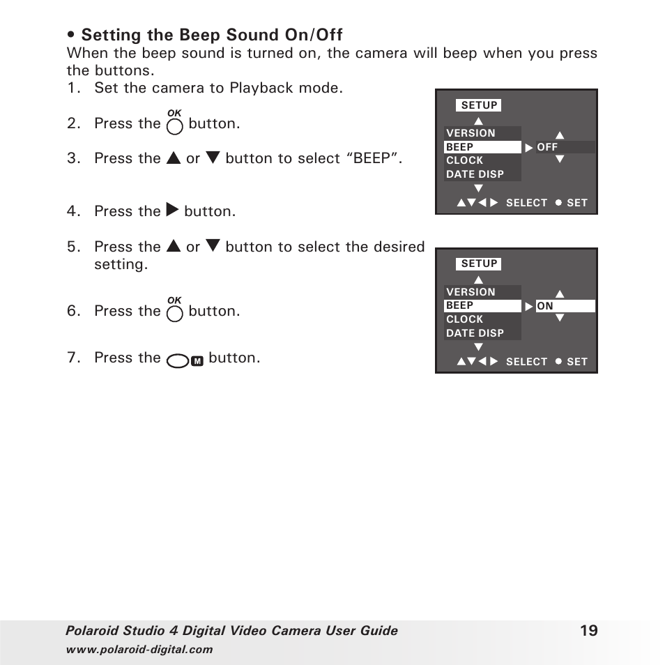 Setting the beep sound on/off | Polaroid Studio 4 User Manual | Page 19 / 78