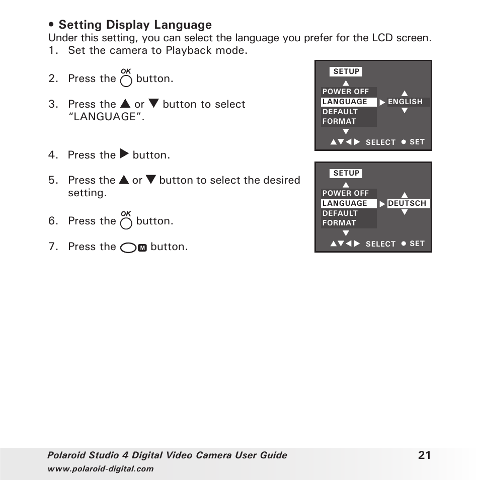 Setting display language, Press the button | Polaroid Studio 4 User Manual | Page 21 / 78