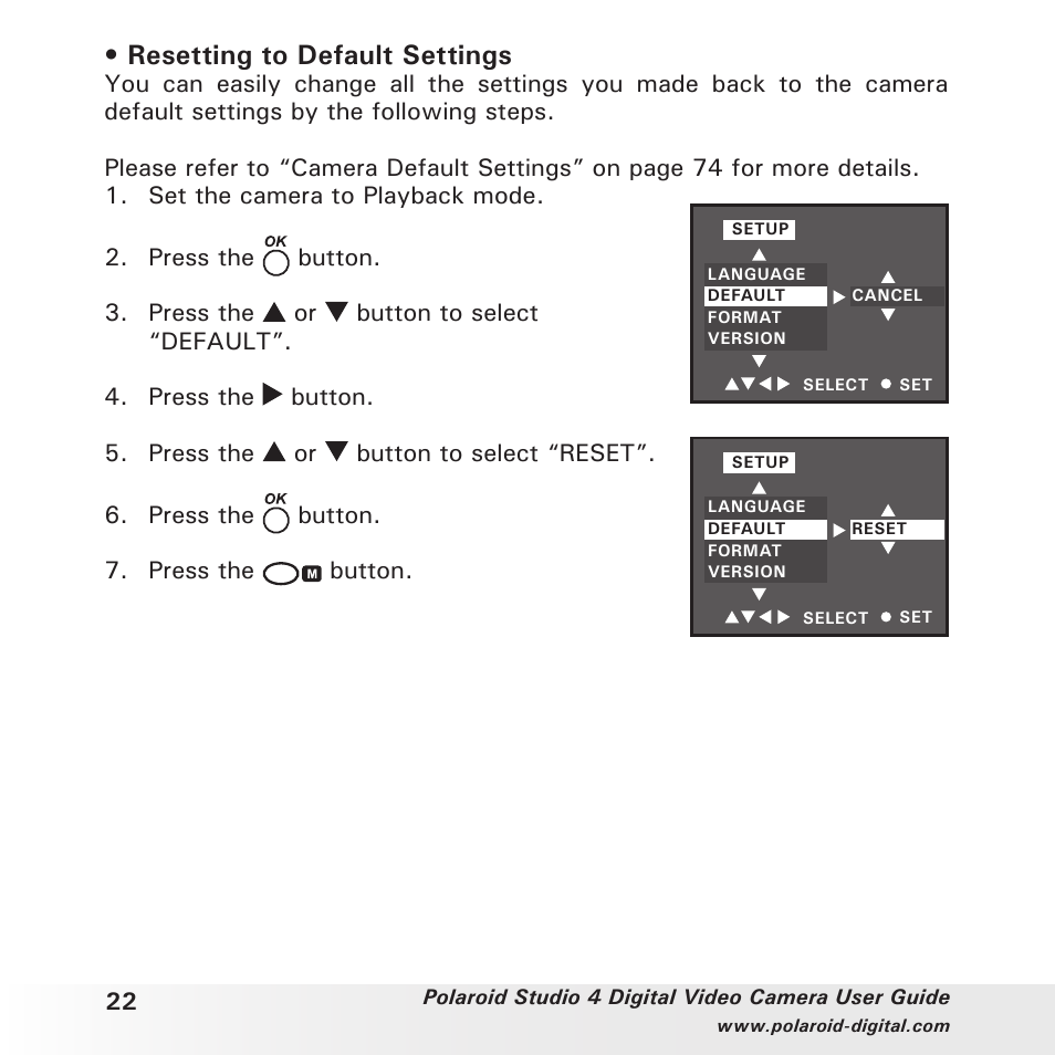 Resetting to default settings | Polaroid Studio 4 User Manual | Page 22 / 78