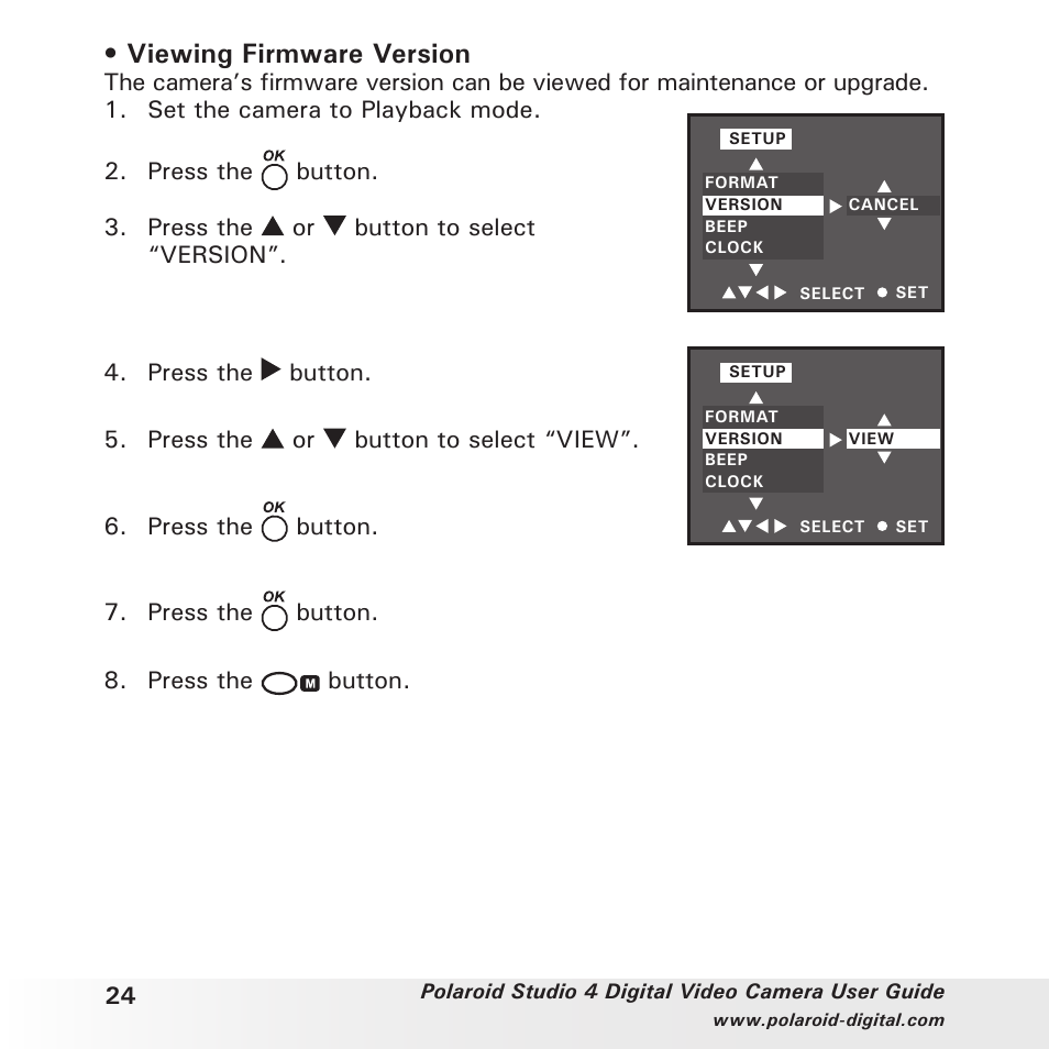 Viewing firmware version | Polaroid Studio 4 User Manual | Page 24 / 78