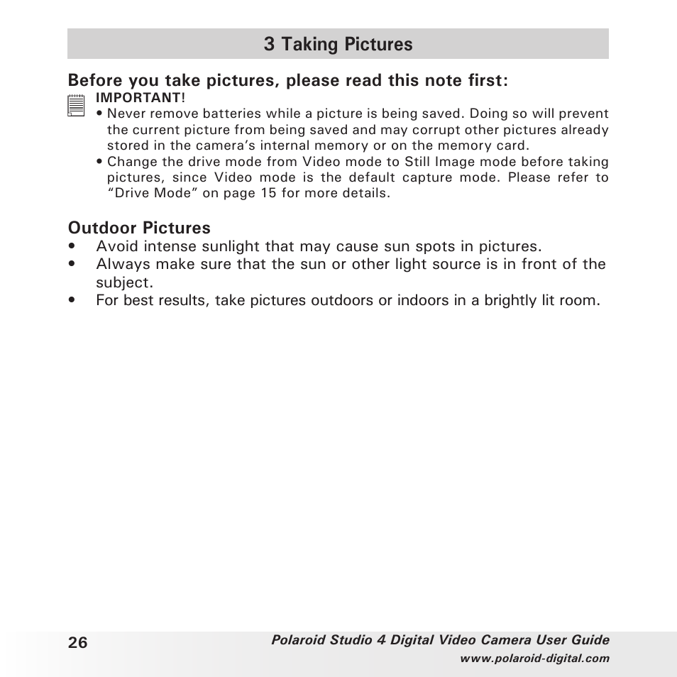 3 taking pictures, Outdoor pictures | Polaroid Studio 4 User Manual | Page 26 / 78