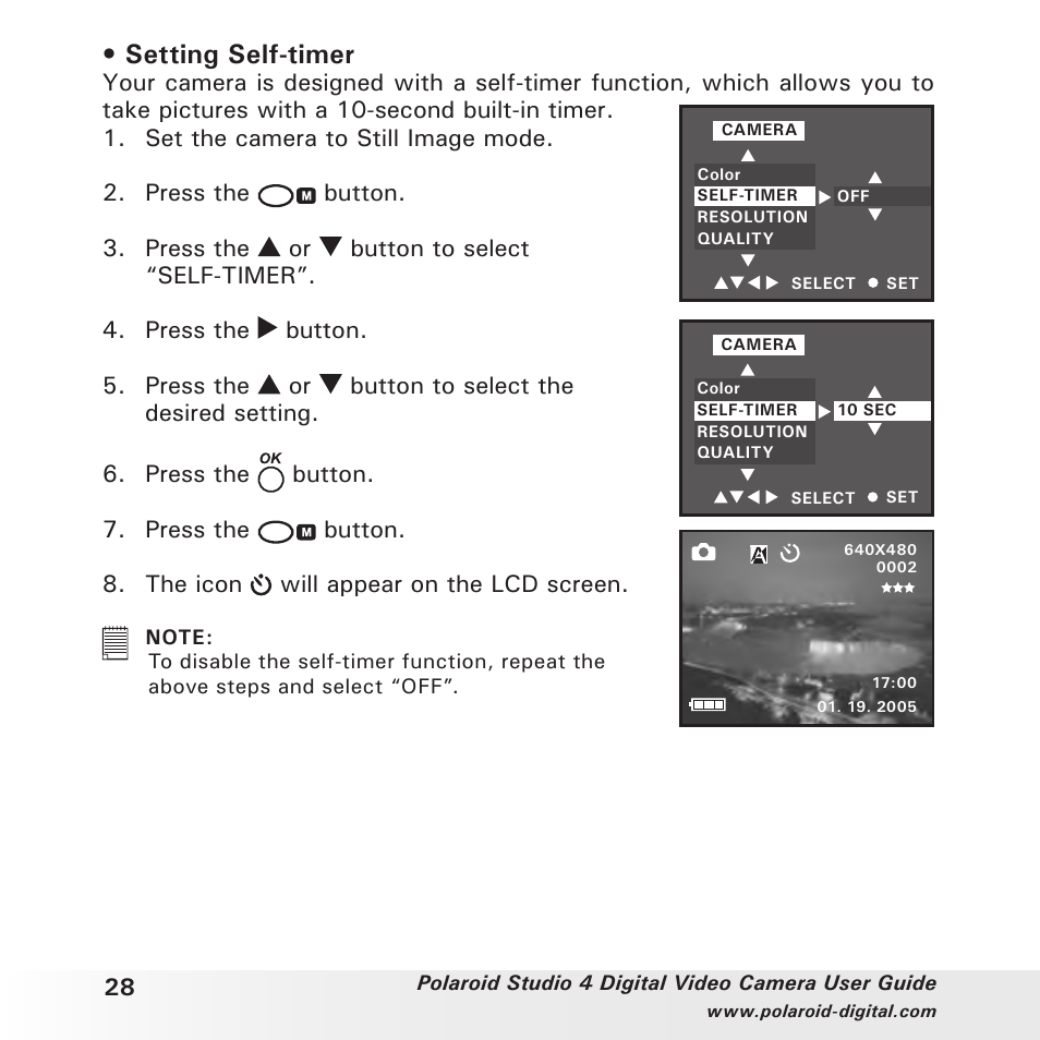 Setting self-timer, Press the button | Polaroid Studio 4 User Manual | Page 28 / 78