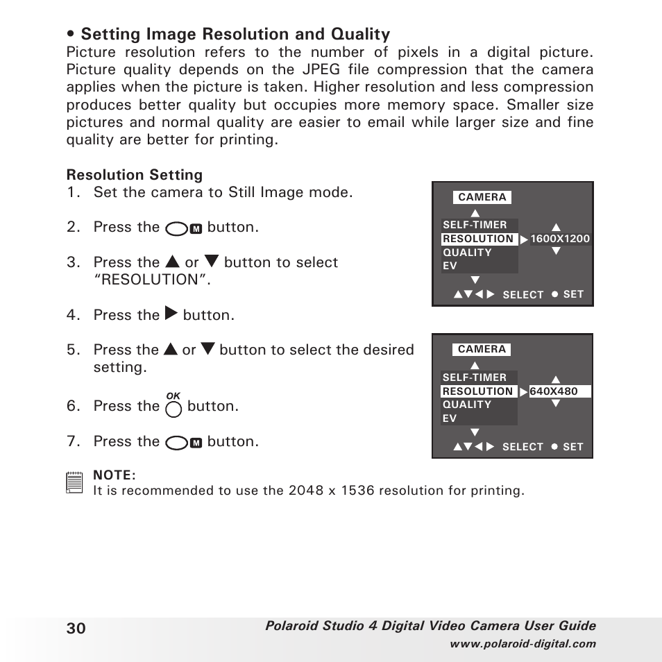 Setting image resolution and quality | Polaroid Studio 4 User Manual | Page 30 / 78