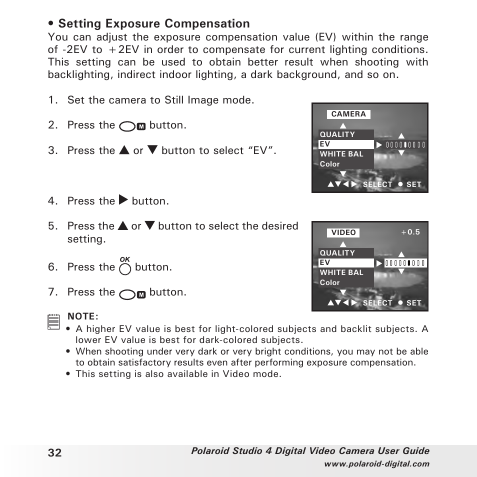 Setting exposure compensation | Polaroid Studio 4 User Manual | Page 32 / 78