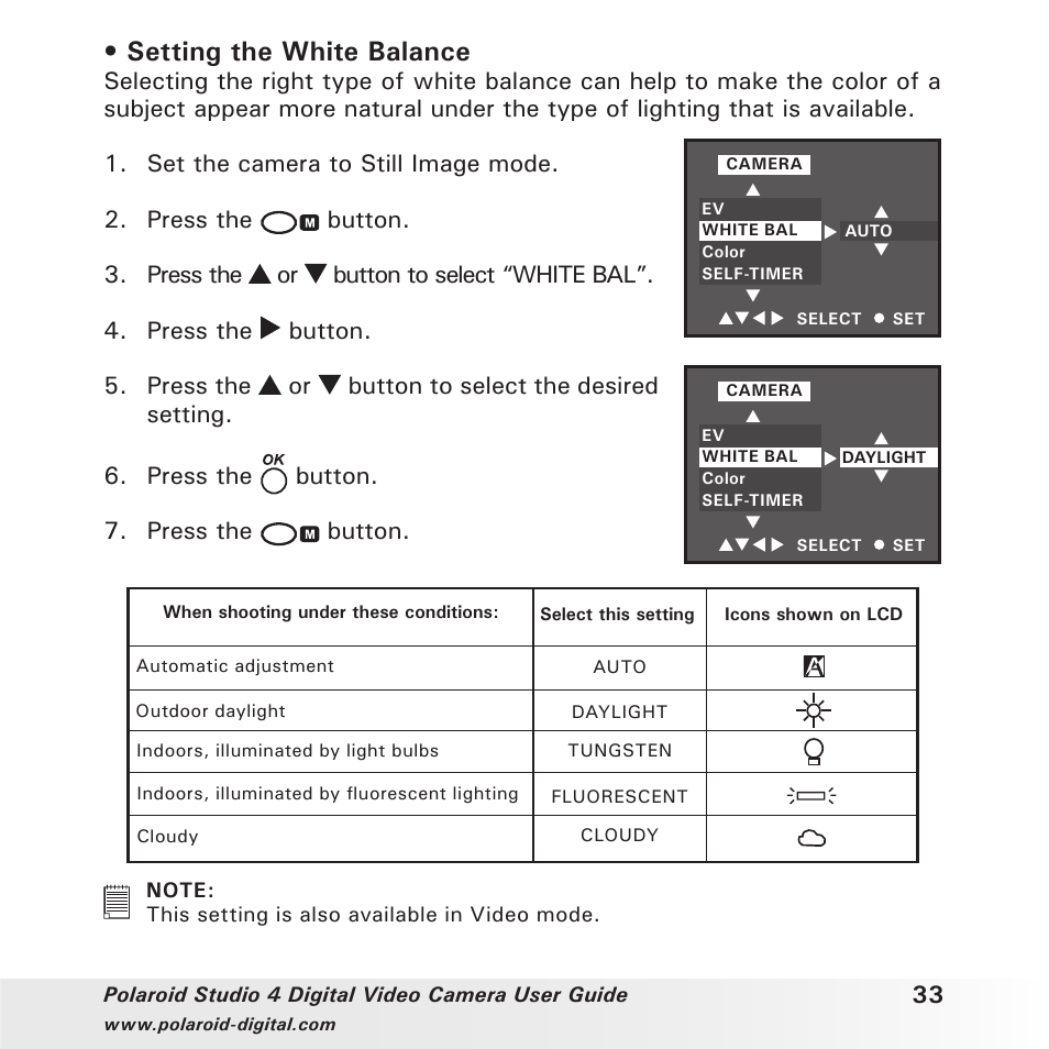 Setting the white balance | Polaroid Studio 4 User Manual | Page 33 / 78