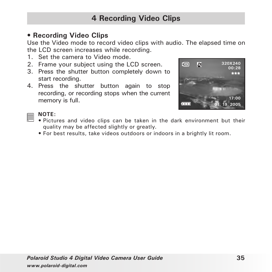 4 recording video clips, Recording video clips | Polaroid Studio 4 User Manual | Page 35 / 78