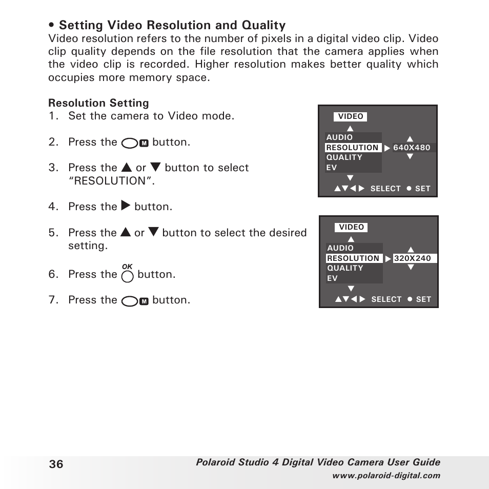 Setting video resolution and quality | Polaroid Studio 4 User Manual | Page 36 / 78