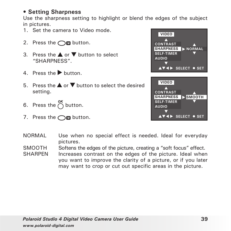 Setting sharpness | Polaroid Studio 4 User Manual | Page 39 / 78