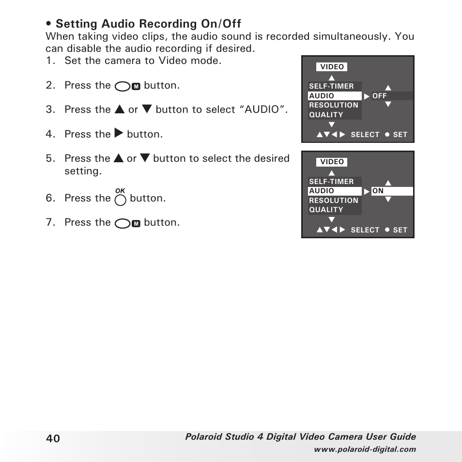 Setting audio recording on/off | Polaroid Studio 4 User Manual | Page 40 / 78