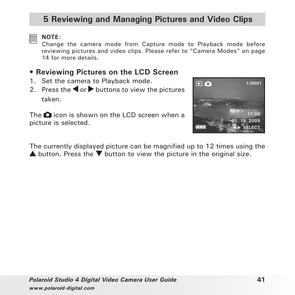 5 reviewing and managing pictures and video clips, Reviewing pictures on the lcd screen | Polaroid Studio 4 User Manual | Page 41 / 78